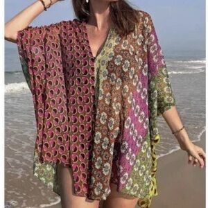 Zara Boho Printed Kaftan Cover Up Poncho Size Medium